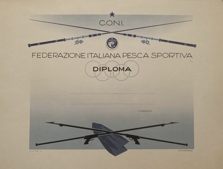 Diploma Pesca Sportiva; Diploma for sport fishing showing fishing rods, fins and spearguns