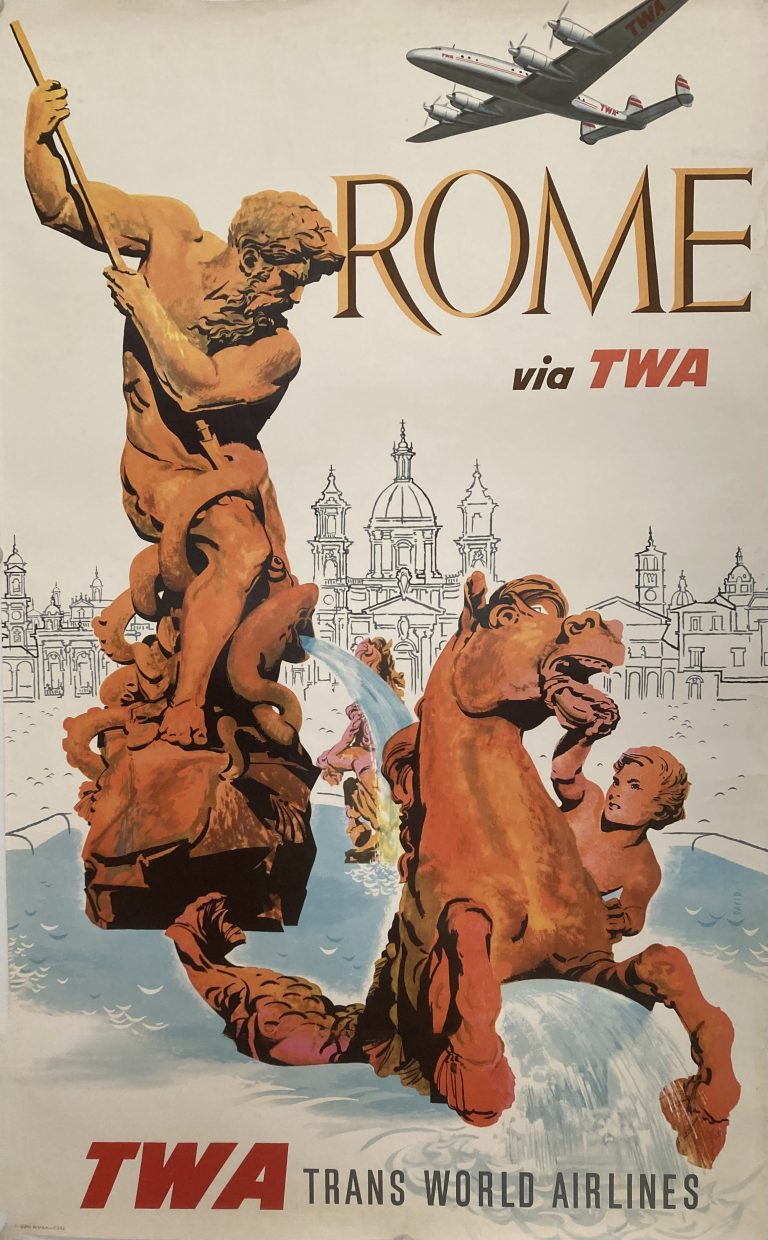 Rome via TWA poster; Fountain of Neptune in Piazza Navona Rome with buildings sketched in the background