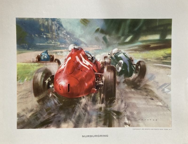 Nurburgring Sports Car Print 1958; Red Maserati Racing Car on race track followed by other cars