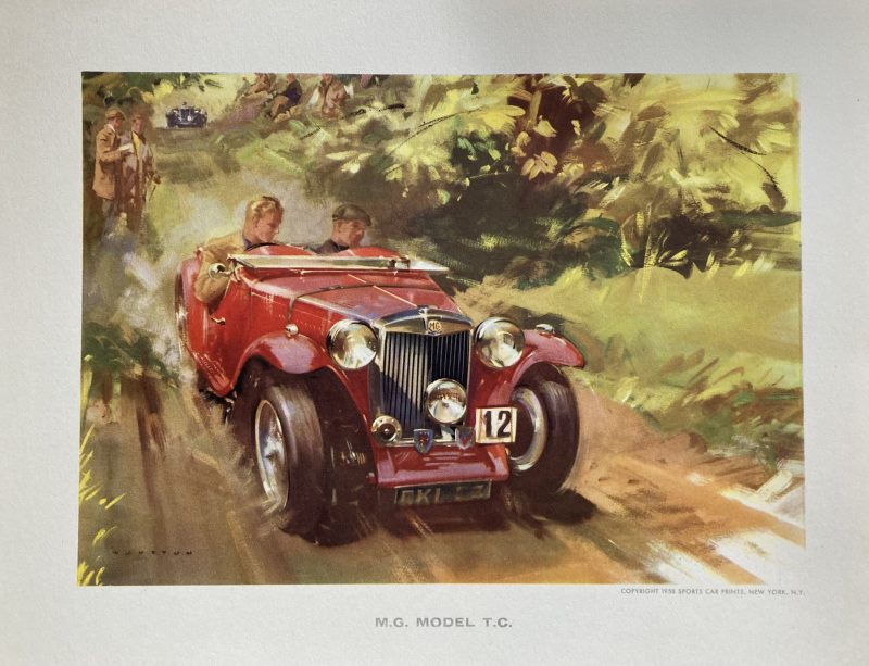 Sports Car Prints 1958 M.G.; Two men in red M.G. sports car driving along a country lane