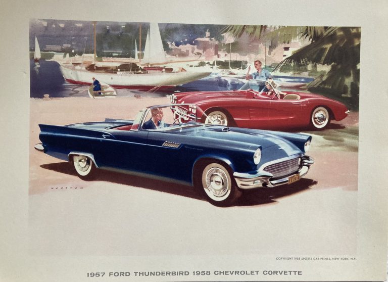 1958 Sports Car Print; Thunderbird and Chevrolet Corvette parked in front of a yacht in harbour