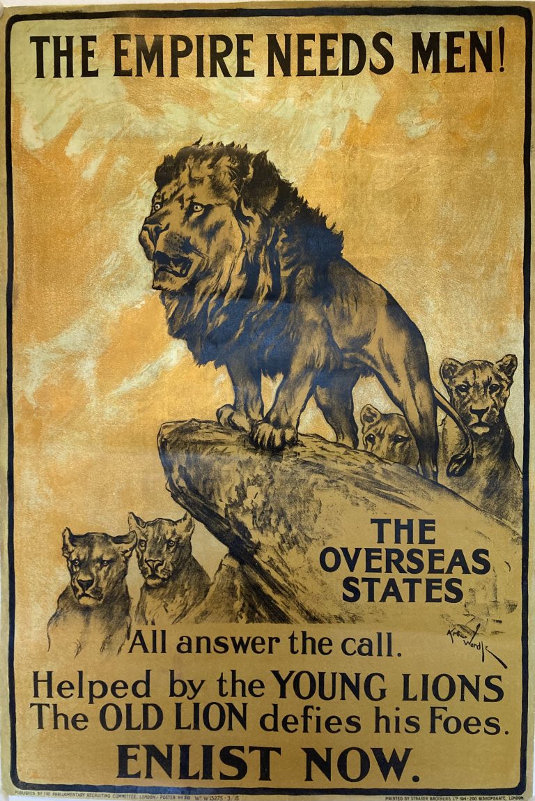 The Empire Needs Men WW1 poster; Old Lion surrounded by 4 young lions, brown, orange colors