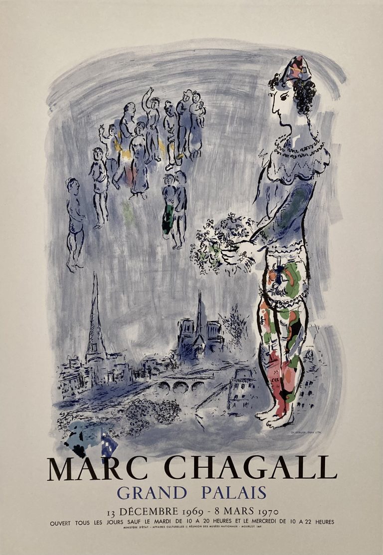 Chagall exhibition poster of Magician of Paris, looking over the town