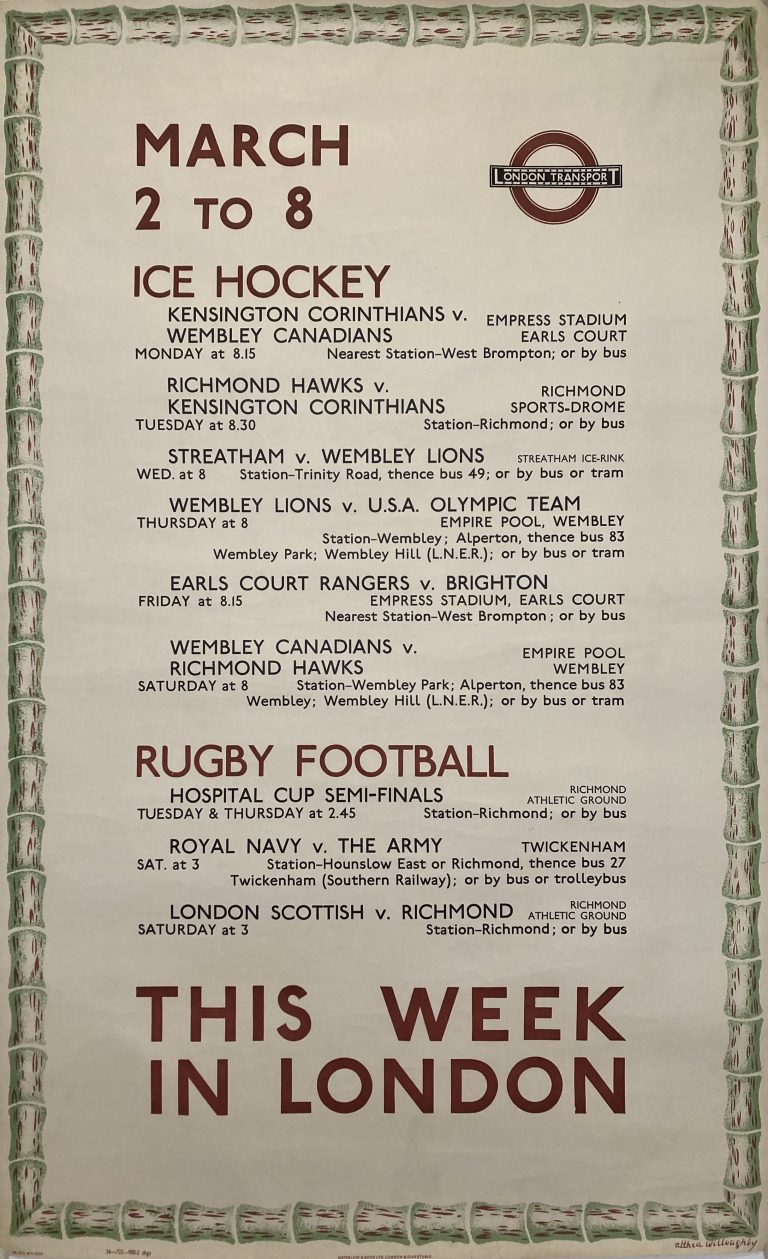 This week in London 1936 letterpress poster with decorative border bamboo design