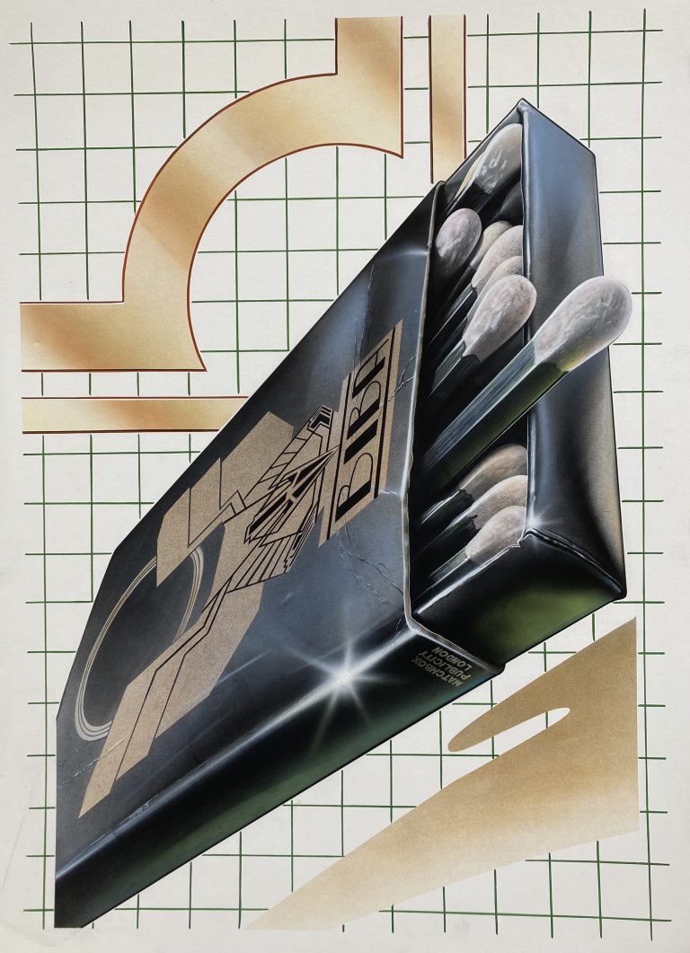 Biba artwork of airbrushed stylised black matchbox