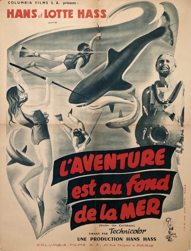 French film poster Hans and Lotte Hass; Black and white image of divers and sharks, red lettering