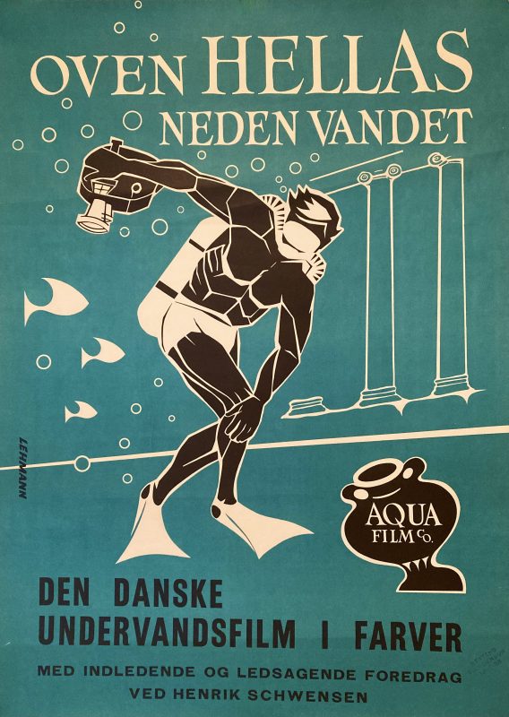 Danish film poster underwater scuba diver in stance of a greek statue, green background