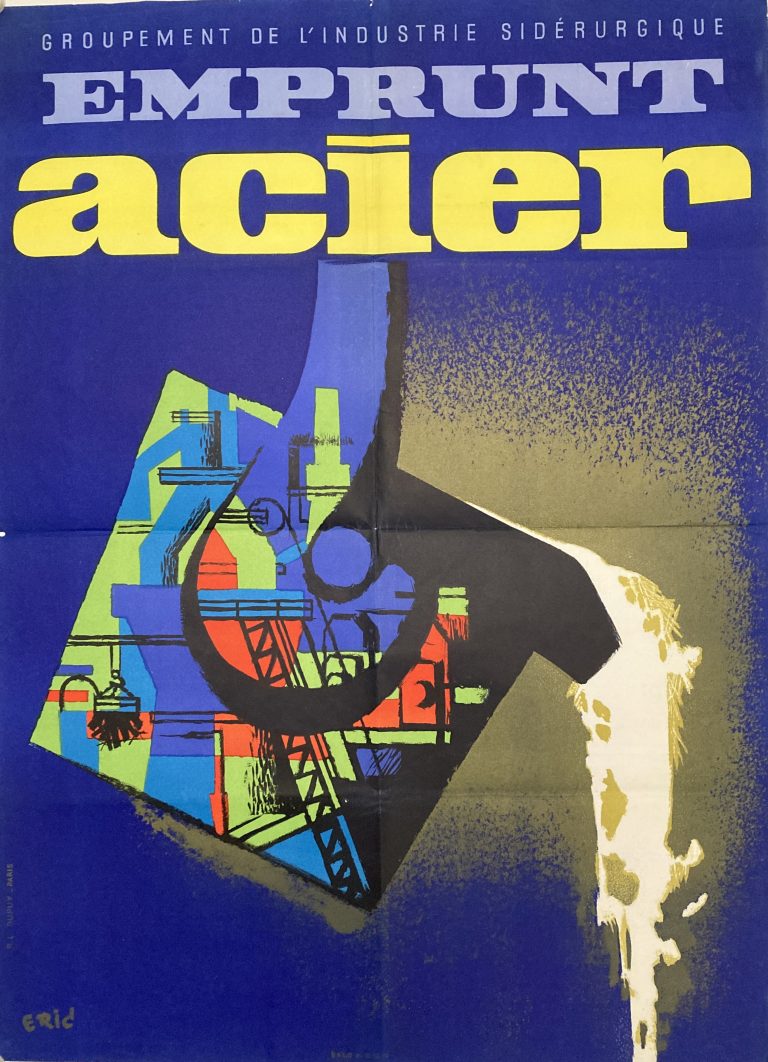 Stylised image of white molten steel pouring against blue background. Acier in yellow lettering