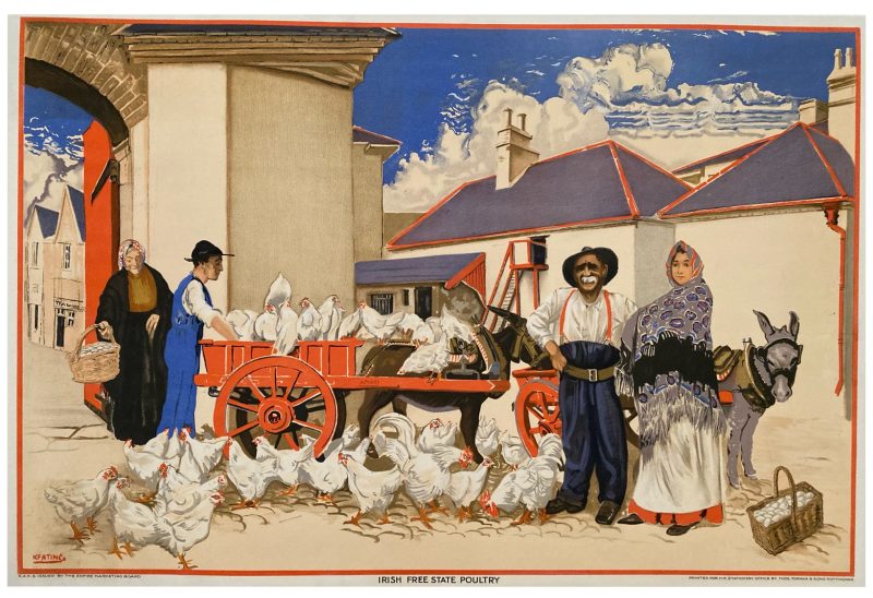 Poster with a colourful scene of two farmers, two women, and a donkey pulled cart full of chickens.