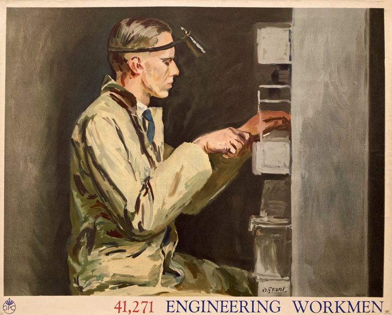 Man in work overalls works at a switchboard