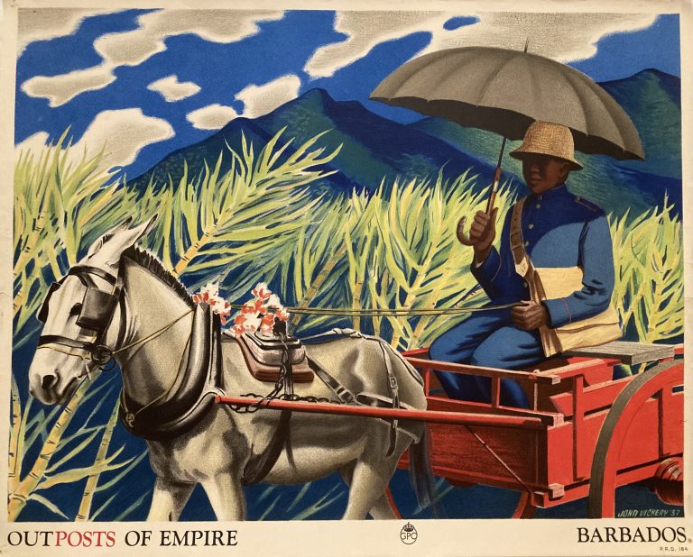 Postman in Barbados sittin gin donkey cart under an umbrella