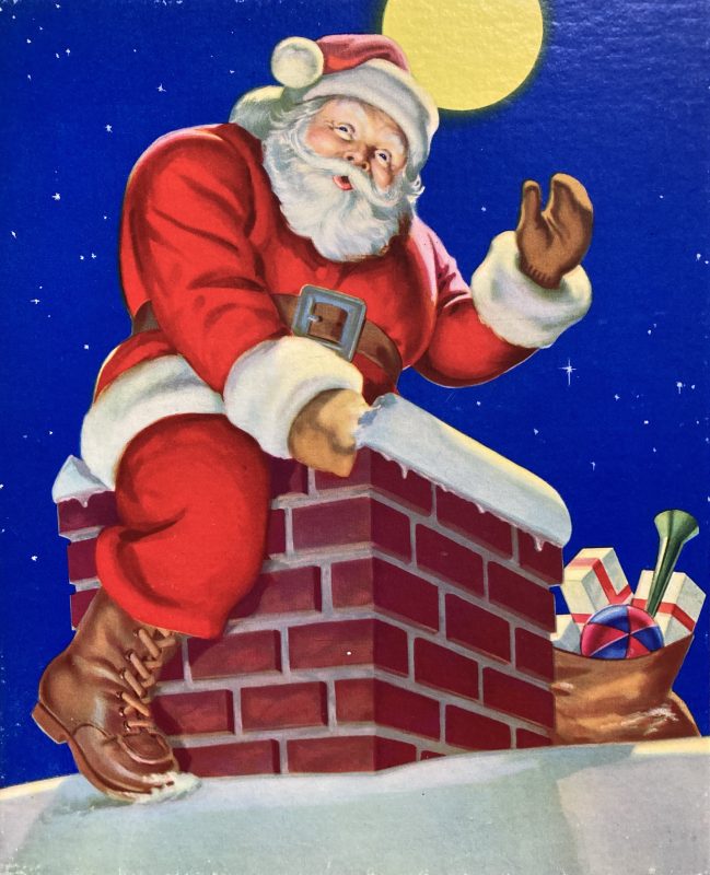 Father Christmas atop a chimney witha sack of presents